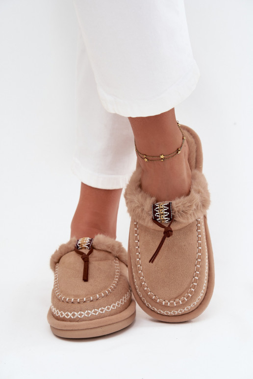 dames slippers met bont en geborduurde ringen in zandkleur Perivelle