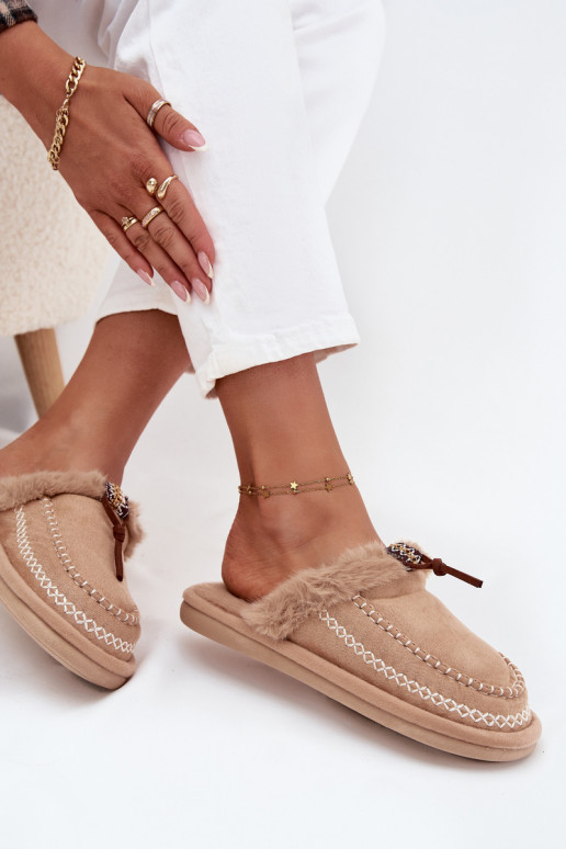 dames slippers met bont en geborduurde ringen in zandkleur Perivelle