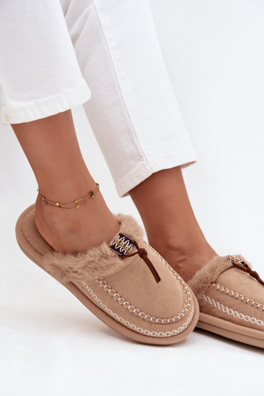 dames slippers met bont en geborduurde ringen in zandkleur Perivelle