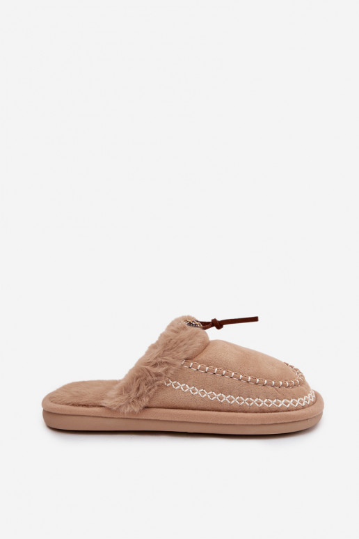 dames slippers met bont en geborduurde ringen in zandkleur Perivelle