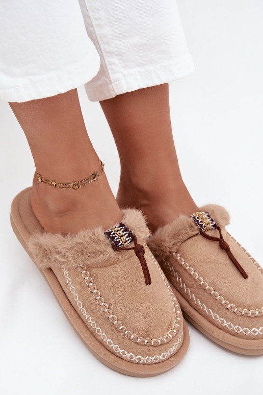 dames slippers met bont en geborduurde ringen in zandkleur Perivelle