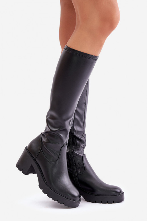 Zwarte kniehoogte laarzen van faux leather met hakken Vinceza 58332