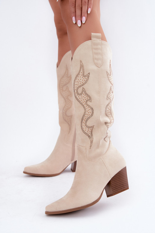 Ivoor cowboy-stijl kniehoge laarzen met decoratie op de schacht Greyla
