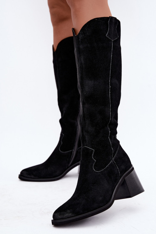 Zwarte faux suede cowboy-stijl kniehoge laarzen met hakken Vinceza 133103