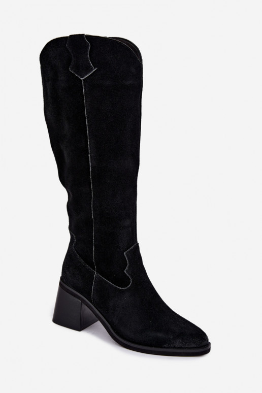 Zwarte faux suede cowboy-stijl kniehoge laarzen met hakken Vinceza 133103