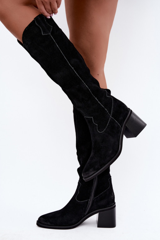 Zwarte faux suede cowboy-stijl kniehoge laarzen met hakken Vinceza 133103