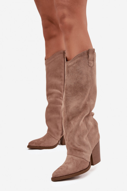 Geïsoleerde over-the-knee cowboylaarzen met hakken, in kunstsuede, zandkleurig
