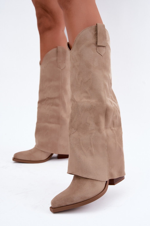 Dames cowboy-stijl lange laarzen met hak en geborduurde schacht in zandkleur Terise