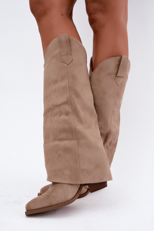 Dames cowboy-stijl lange laarzen met hak en geborduurde schacht in zandkleur Terise