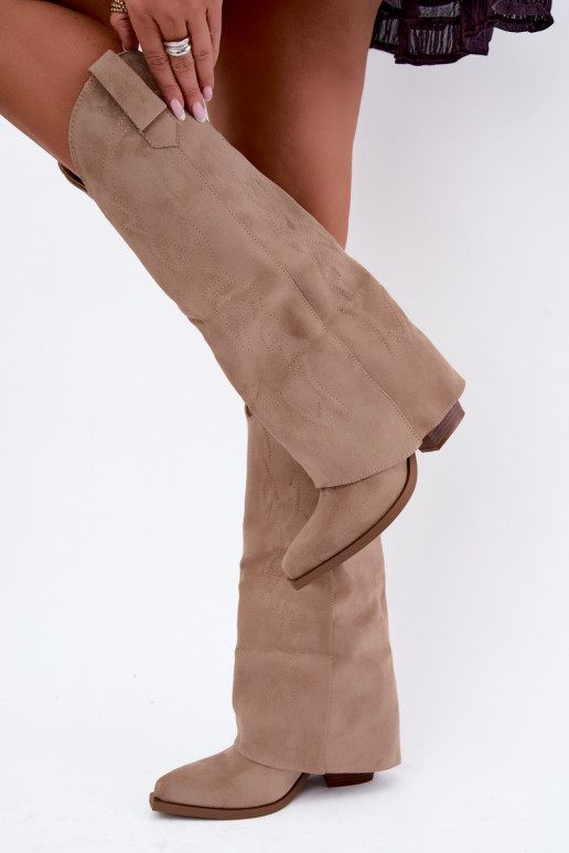 Dames cowboy-stijl lange laarzen met hak en geborduurde schacht in zandkleur Terise
