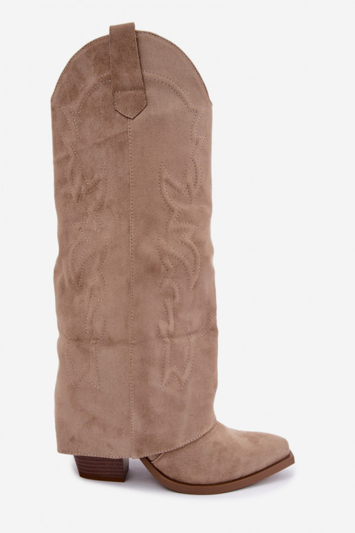 Dames cowboy-stijl lange laarzen met hak en geborduurde schacht in zandkleur Terise