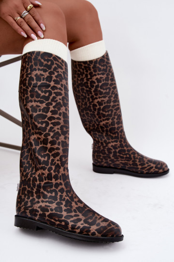 Dames hoge rubberen laarzen met brede hakken en leopardprint in zwart Melianne