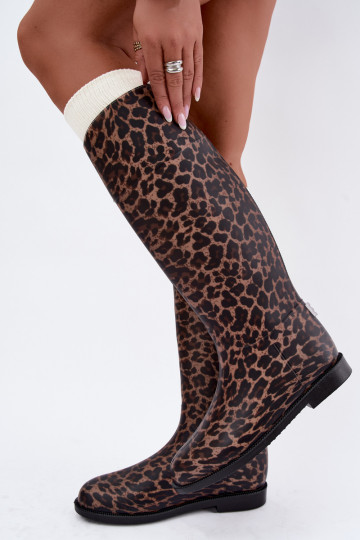 Dames hoge rubberen laarzen met brede hakken en leopardprint in zwart Melianne 2
