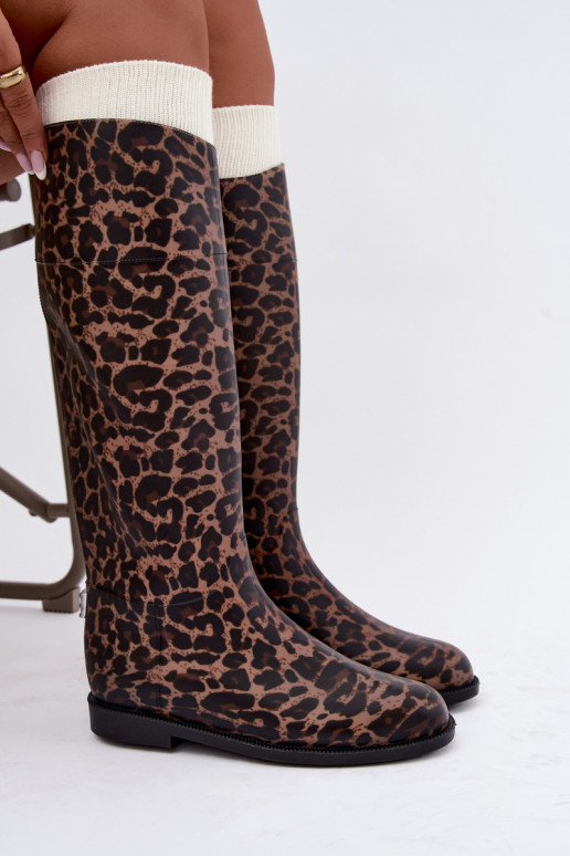 Dames hoge rubberen laarzen met brede hakken en leopardprint in zwart Melianne