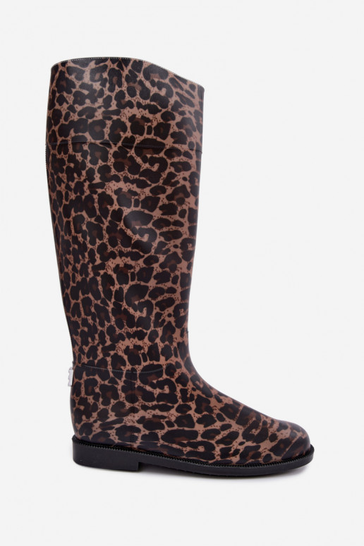 Dames hoge rubberen laarzen met brede hakken en leopardprint in zwart Melianne