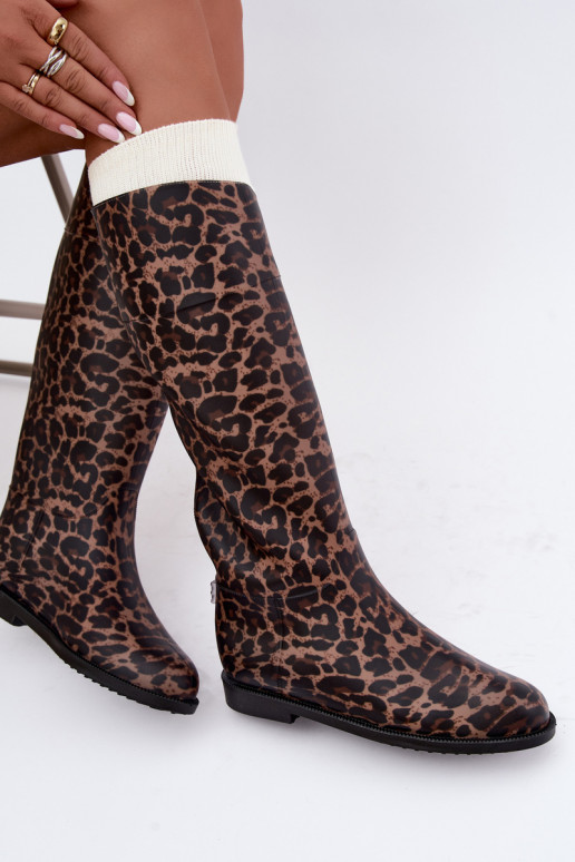 Dames hoge rubberen laarzen met brede hakken en leopardprint in zwart Melianne