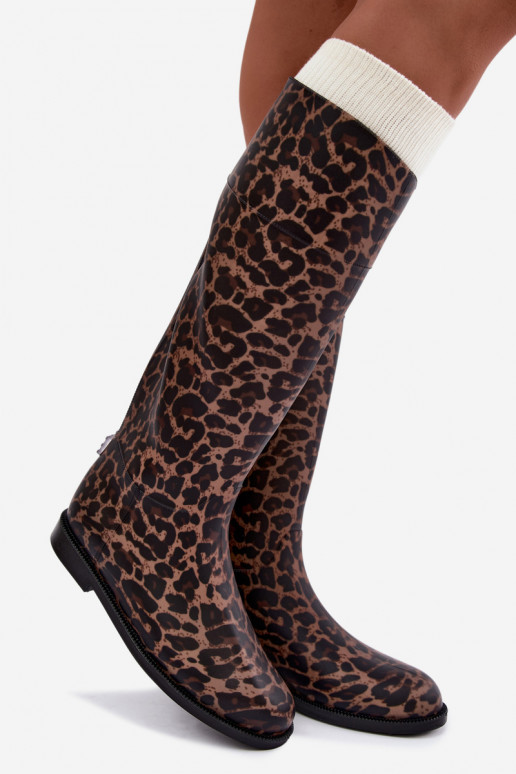 Dames hoge rubberen laarzen met brede hakken en leopardprint in zwart Melianne