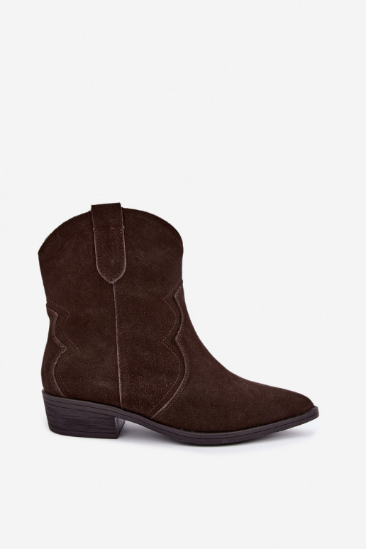 Chocoladekleurige suède cowboylaarzen met lage hak Delsa