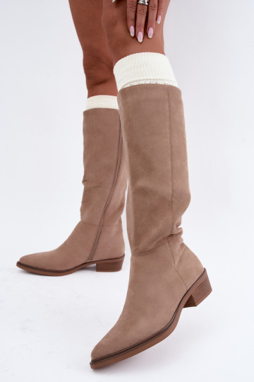 Zandkleurige warme suède laarzen tot boven de knie met lage hak Philomene 2