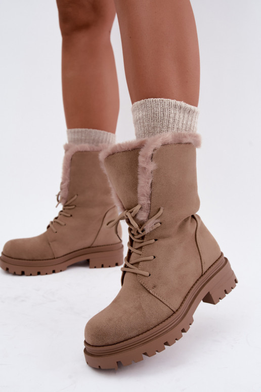 Zandkleurige warme veterschoenen voor enkels met bont aan de binnenkant Heloise