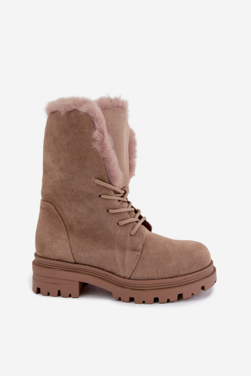 Zandkleurige warme veterschoenen voor enkels met bont aan de binnenkant Heloise
