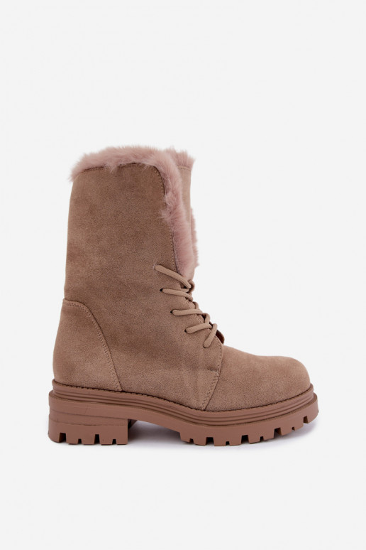 Zandkleurige warme veterschoenen voor enkels met bont aan de binnenkant Heloise
