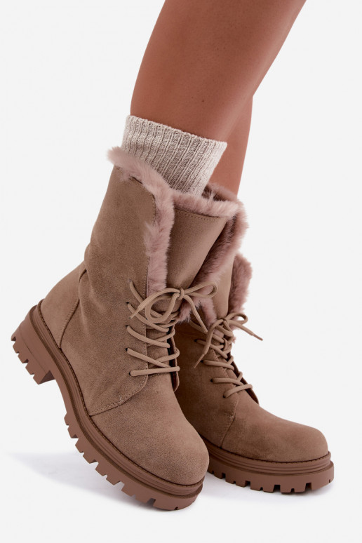 Zandkleurige warme veterschoenen voor enkels met bont aan de binnenkant Heloise