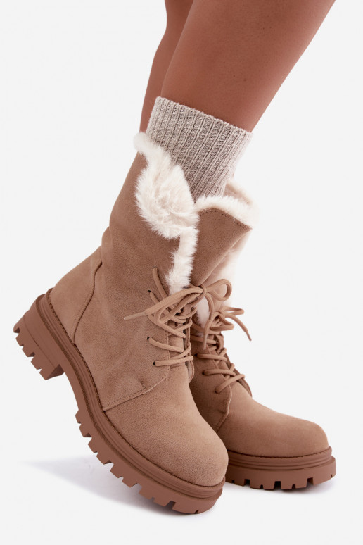 Ivoor kleurige warme veterschoenen voor enkels met bont aan de binnenkant Heloise