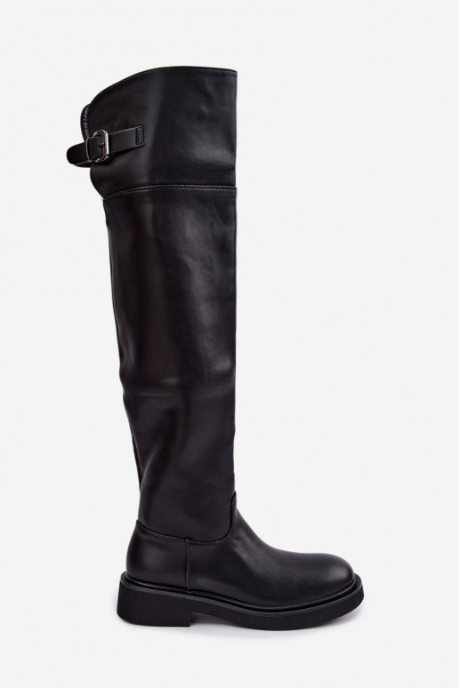 gevoerd hoge laarzen met platte hak boven de knie en gespen in zwart Bonira