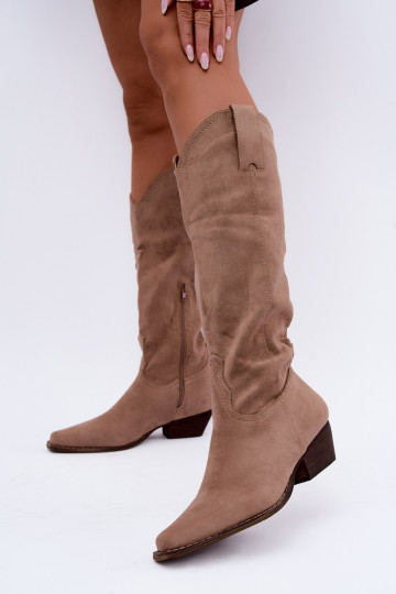 Beige cowboy laarzen tot de knie met lage hak Grisel