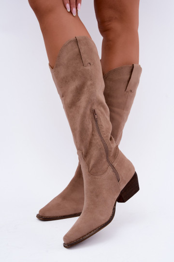 Beige cowboy laarzen tot de knie met lage hak Grisel 2