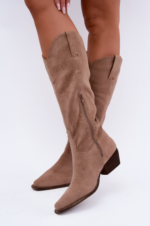 Beige cowboy laarzen tot de knie met lage hak Grisel
