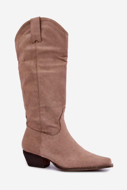 Beige cowboy laarzen tot de knie met lage hak Grisel