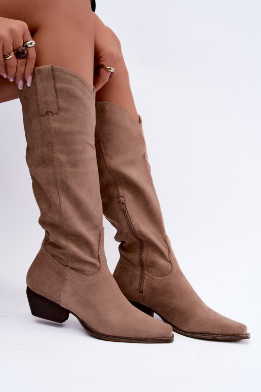 Beige cowboy laarzen tot de knie met lage hak Grisel