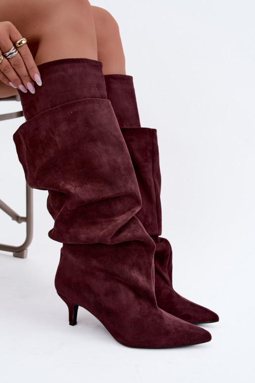 Orielle warme lange laarzen met ruffles en hakken in bordeauxkleur
