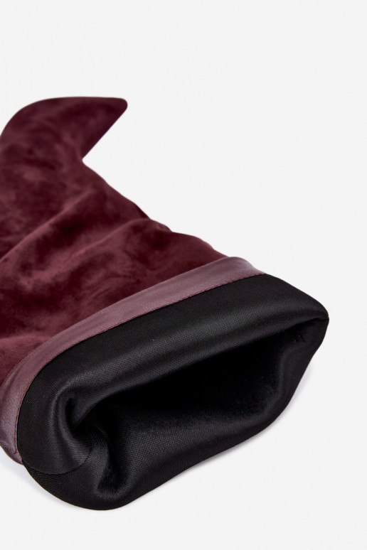 Orielle warme lange laarzen met ruffles en hakken in bordeauxkleur