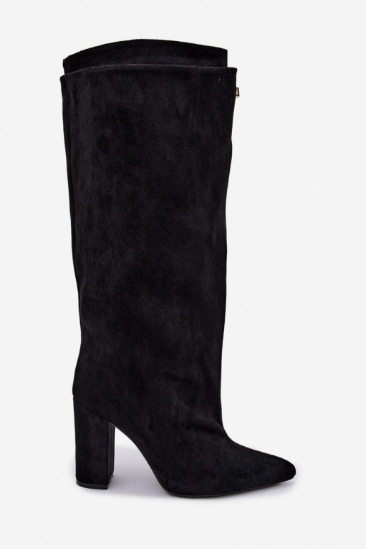 Warme kniehoge laarzen met dubbele schacht en hakken, zwart, van faux suede Luminelle
