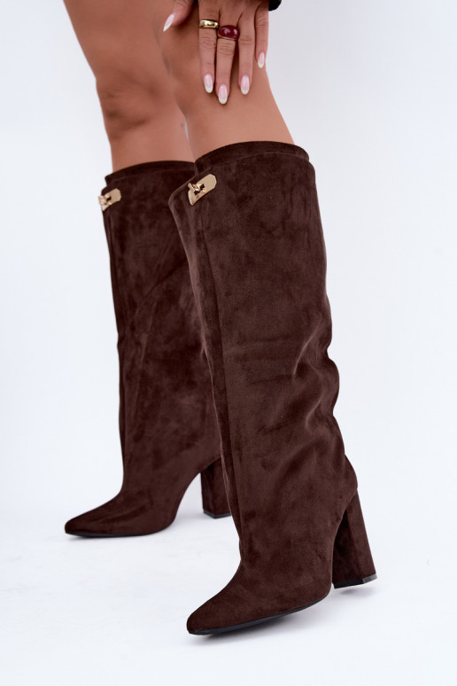Warme hoge laarzen met dubbele schacht en hak in chocoladekleur van suede Luminelle