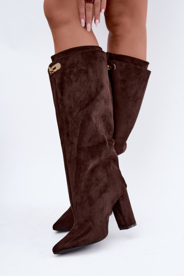 Warme hoge laarzen met dubbele schacht en hak in chocoladekleur van suede Luminelle 2