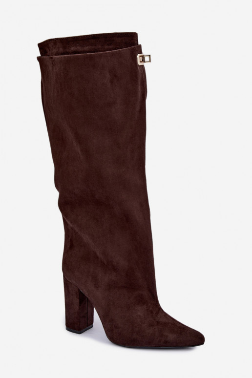 Warme hoge laarzen met dubbele schacht en hak in chocoladekleur van suede Luminelle
