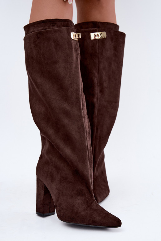 Warme hoge laarzen met dubbele schacht en hak in chocoladekleur van suede Luminelle