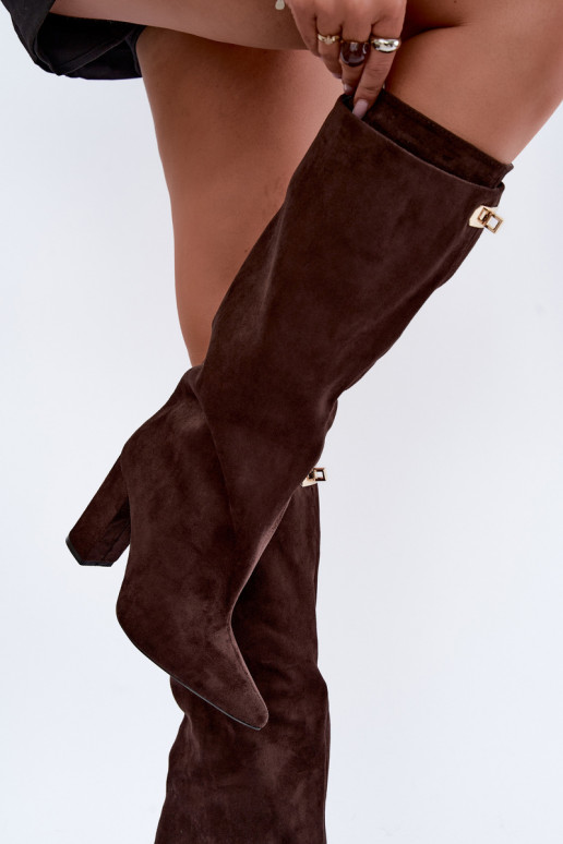 Warme hoge laarzen met dubbele schacht en hak in chocoladekleur van suede Luminelle