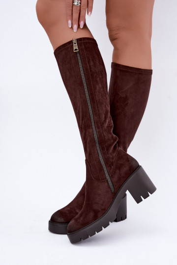 Laarzen tot boven de knie van faux suede met hakken chocolade Vinceza 58332