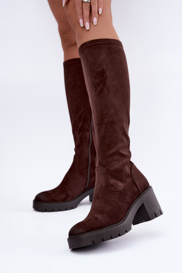 Laarzen tot boven de knie van faux suede met hakken chocolade Vinceza 58332 2