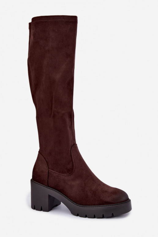 Laarzen tot boven de knie van faux suede met hakken chocolade Vinceza 58332