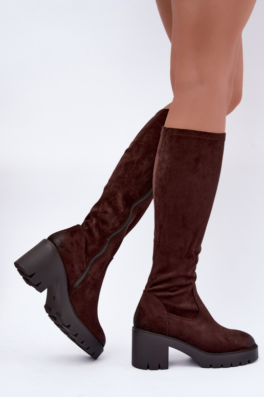 Laarzen tot boven de knie van faux suede met hakken chocolade Vinceza 58332