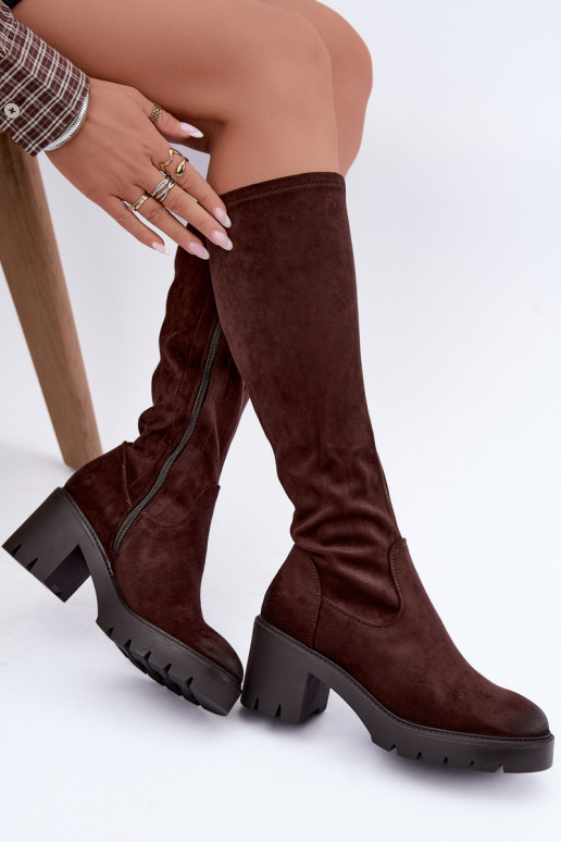Laarzen tot boven de knie van faux suede met hakken chocolade Vinceza 58332