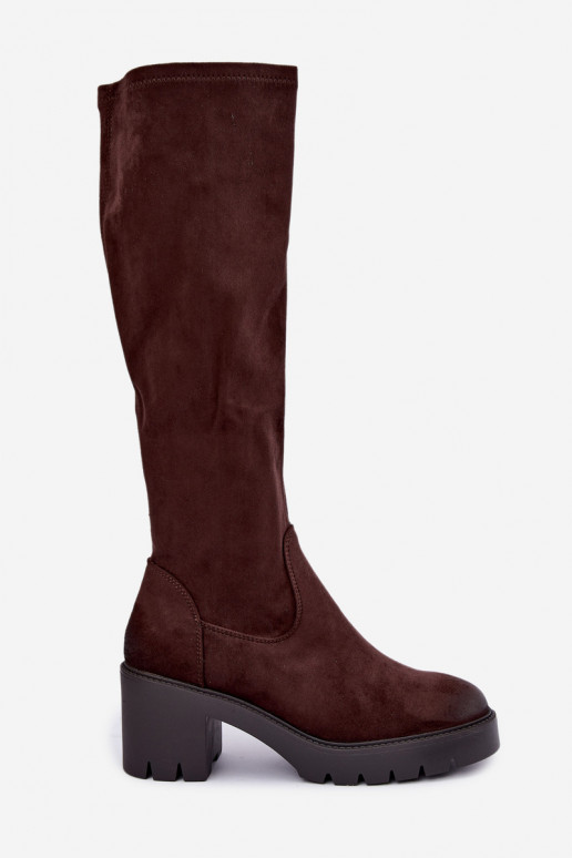 Laarzen tot boven de knie van faux suede met hakken chocolade Vinceza 58332