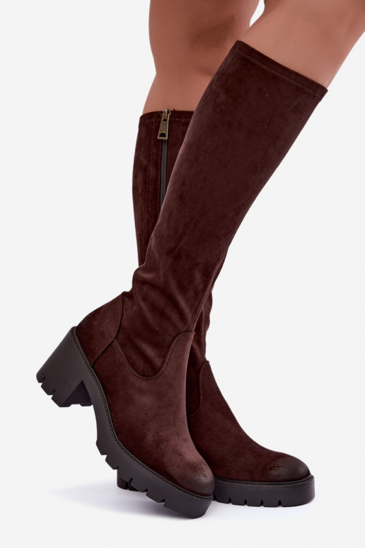 Laarzen tot boven de knie van faux suede met hakken chocolade Vinceza 58332