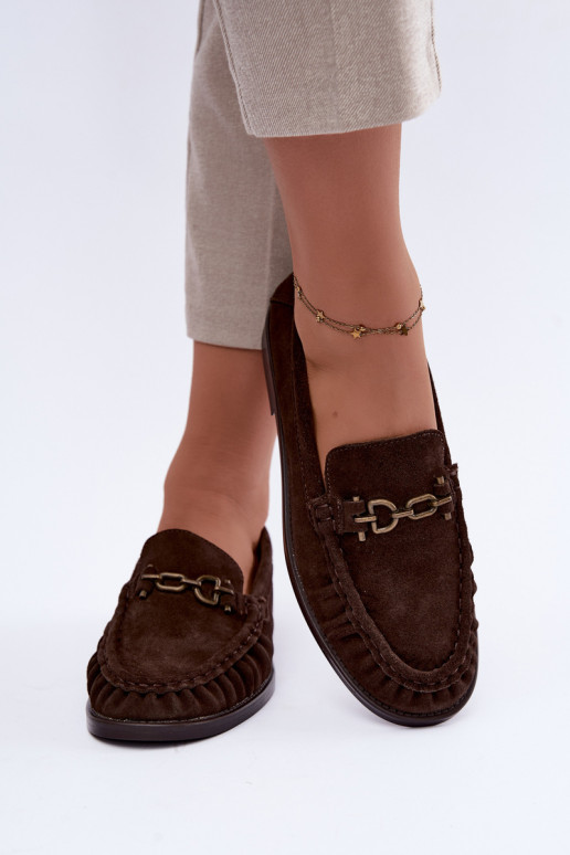 suède mocassins met ruffles en decoratie Vinceza 31718 in chocoladekleur